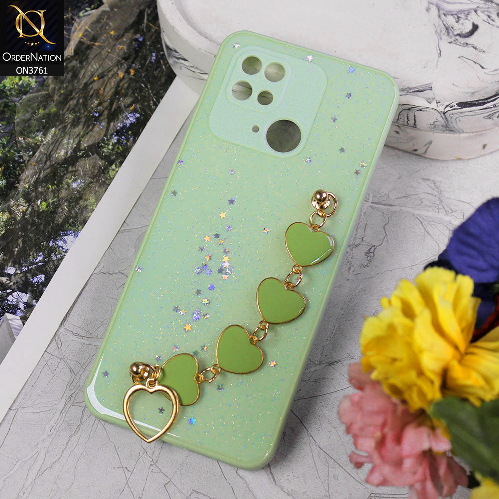 Xiaomi Redmi 10C Cover - Light Green - Shiny Glitter Candy Color Soft Border Camera Protection Case With Heart Chain Holder (Glitter Does not move)