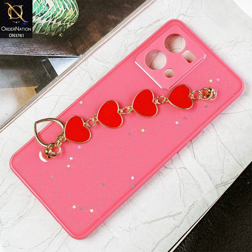 Oppo F21 Pro 4G Cover - Peach -Shiny Glitter Candy Color Soft Border Camera Protection Case With Heart Chain Holder (Glitter Does not move)