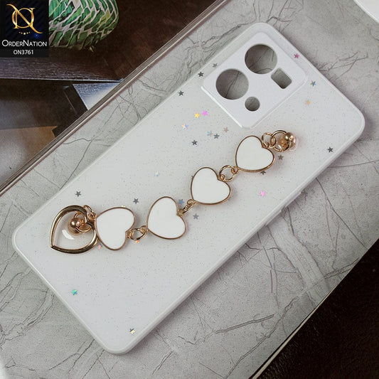 Oppo F21 Pro 4G Cover - White -Shiny Glitter Candy Color Soft Border Camera Protection Case With Heart Chain Holder (Glitter Does not move)