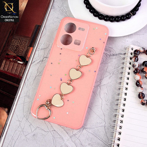 Vivo Y35 Cover - Pink - Shiny Glitter Candy Color Soft Border Camera Protection Case With Heart Chain Holder (Glitter Does not move)