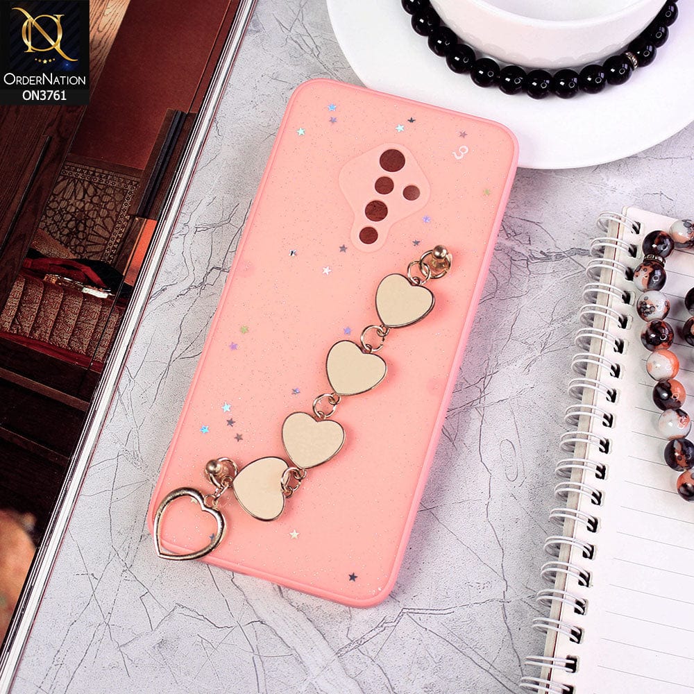 Vivo Y51 (2020 September) Cover - Pink - Shiny Glitter Candy Color Soft Border Camera Protection Case With Heart Chain Holder (Glitter Does not move)