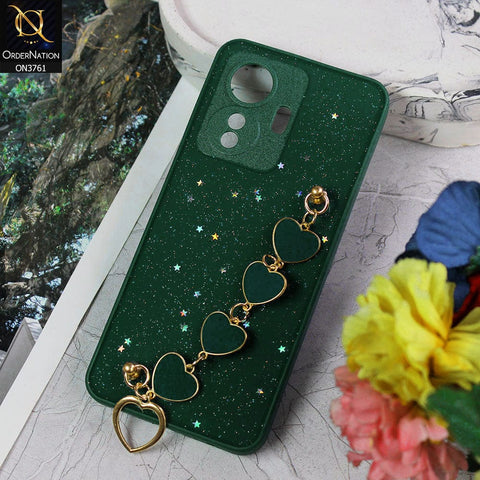 Vivo S15e Cover - Dark Green - Shiny Glitter Candy Color Soft Border Camera Protection Case With Heart Chain Holder (Glitter Does not move)