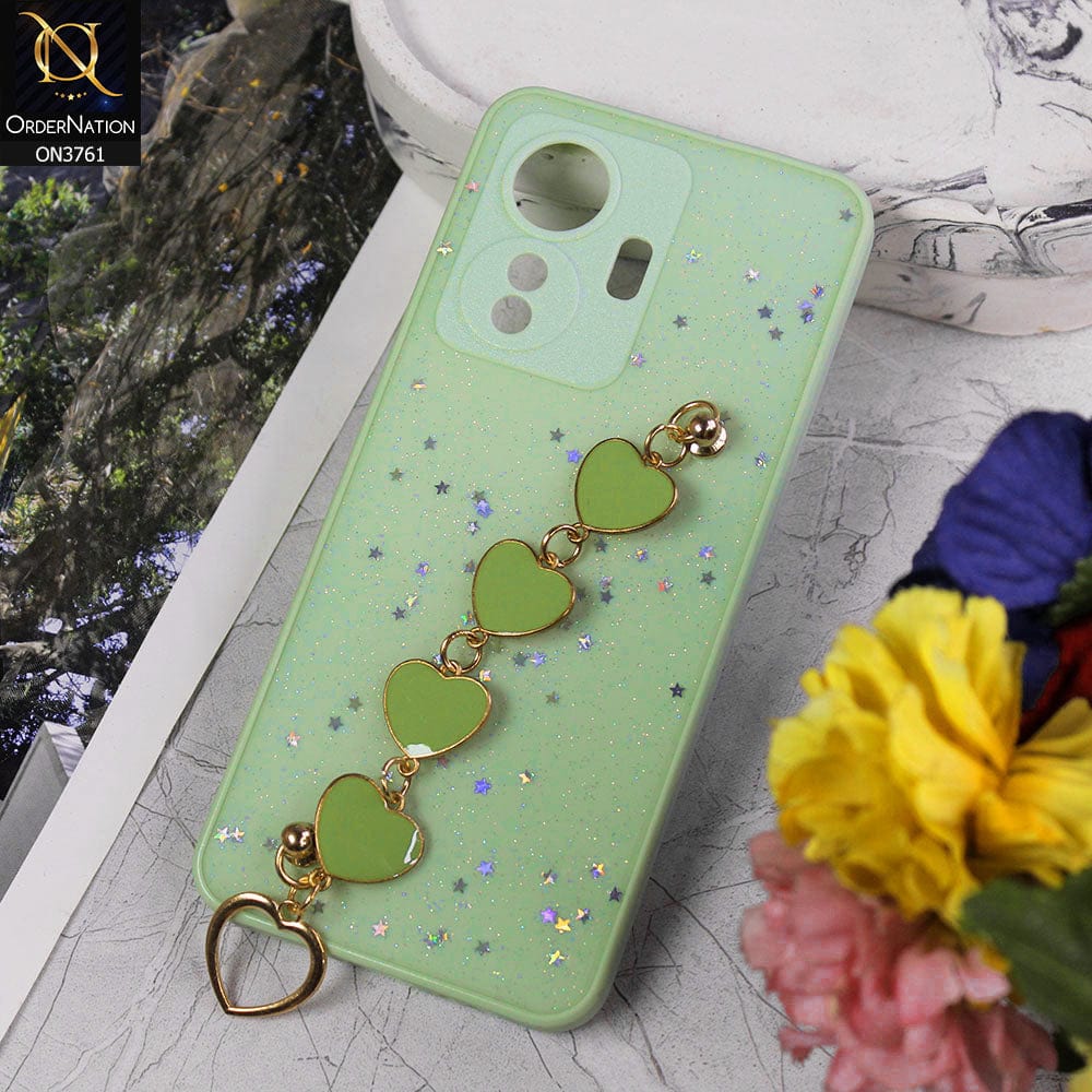 Vivo S15e Cover - Light Green - Shiny Glitter Candy Color Soft Border Camera Protection Case With Heart Chain Holder (Glitter Does not move)