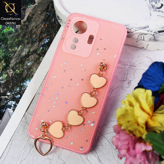 Vivo S15e Cover - Pink - Shiny Glitter Candy Color Soft Border Camera Protection Case With Heart Chain Holder (Glitter Does not move)