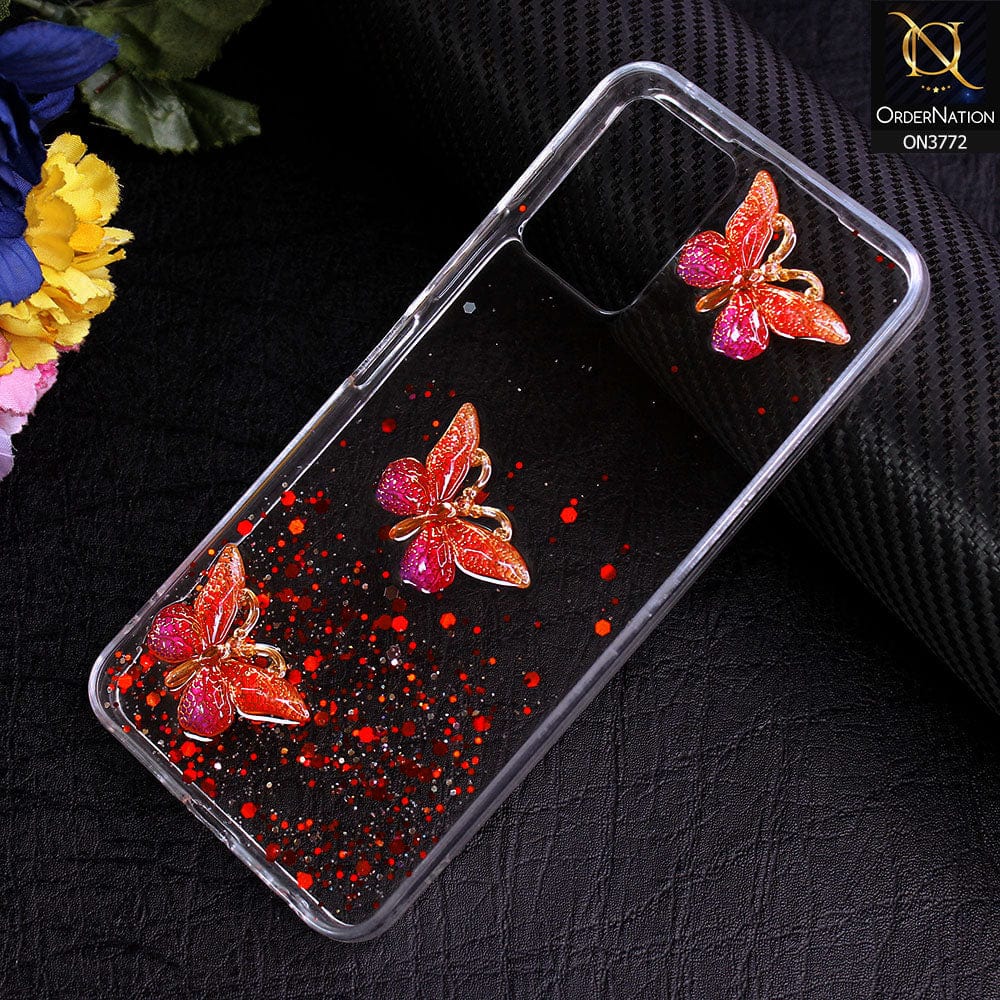 Vivo Y21a Cover - Red - Shiny Butterfly Glitter Bling Soft Case (Glitter does not move)