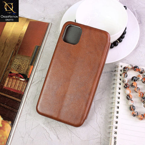 iPhone 11 Pro Max Cover - Brown - All New Premium Megnatic Leather Texture Flip Book Soft Case