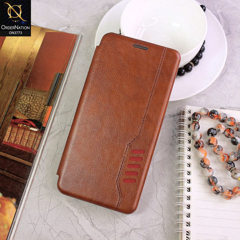 iPhone 11 Pro Max Cover - Brown - All New Premium Megnatic Leather Texture Flip Book Soft Case