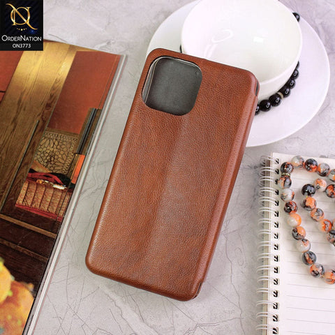 iPhone 13 Pro Max Cover - Brown - All New Premium Megnatic Leather Texture Flip Book Soft Case