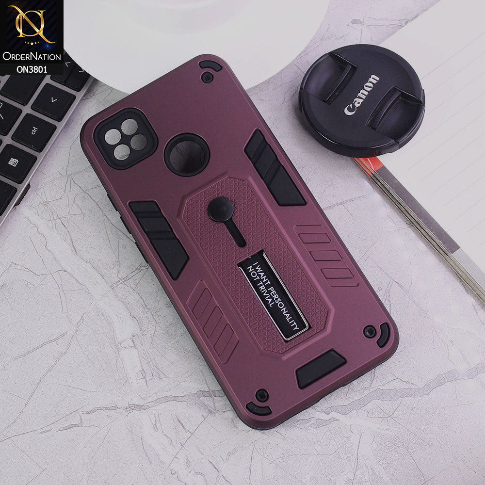 Xiaomi Redmi 9C Cover - Burgundy - Hybrid Stylish Slide Finger Grip With Metal Kickstand Soft Borders Case