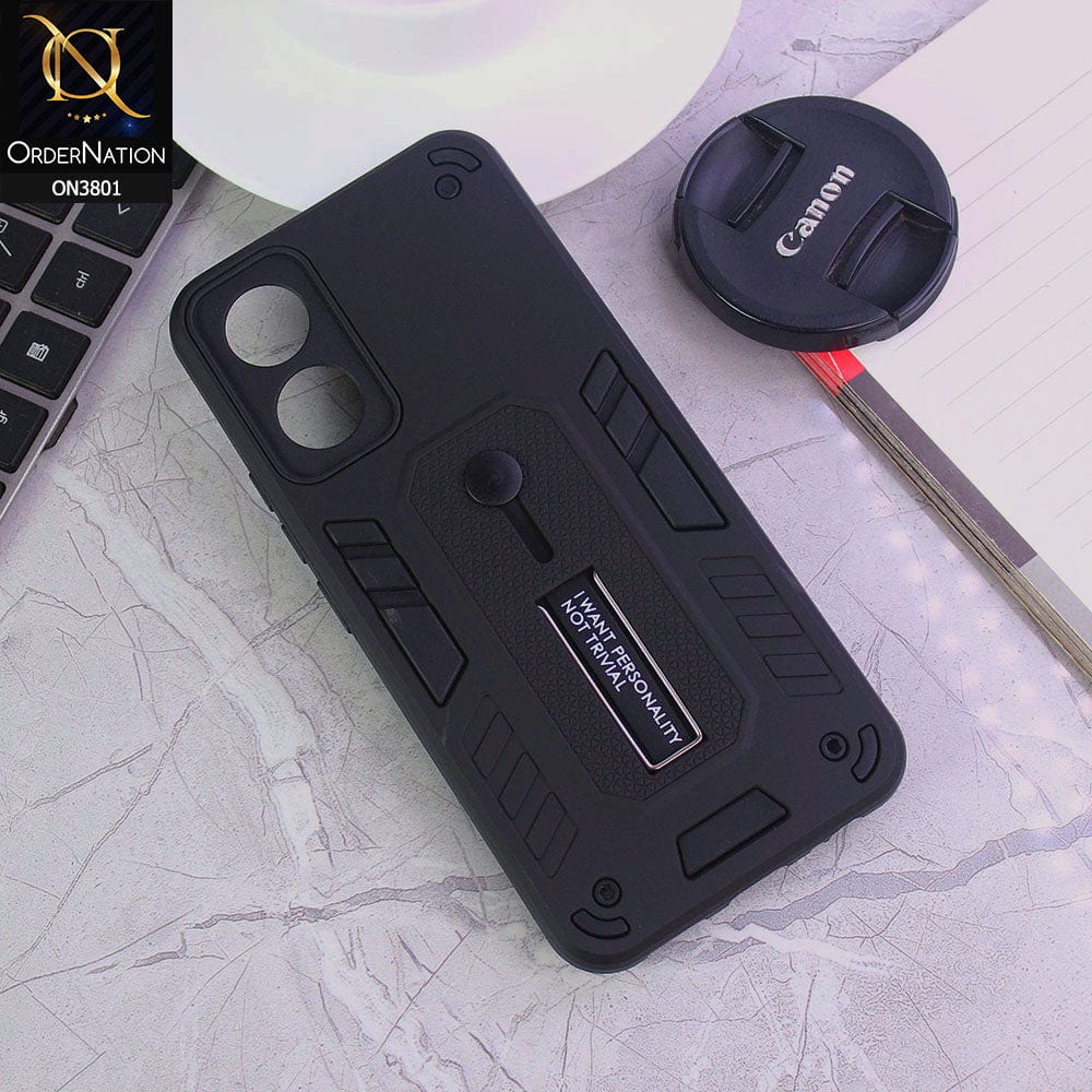 Vivo Y02s Cover - Black - Hybrid Stylish Slide Finger Grip With Metal Kickstand Soft Borders Case