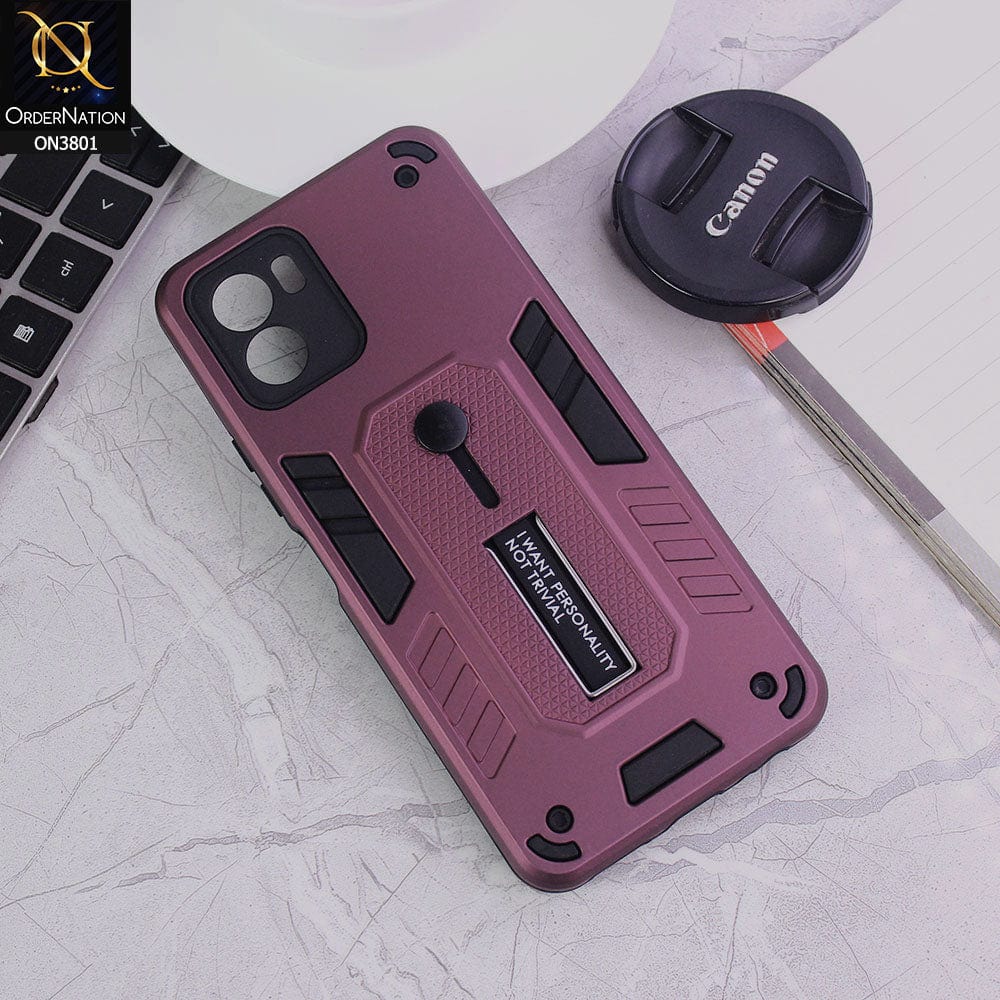 Vivo Y15a Cover - Burgundy - Hybrid Stylish Slide Finger Grip With Metal Kickstand Soft Borders Case