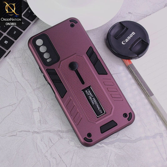 Vivo Y12a Cover - Burgundy - Hybrid Stylish Slide Finger Grip With Metal Kickstand Soft Borders Case