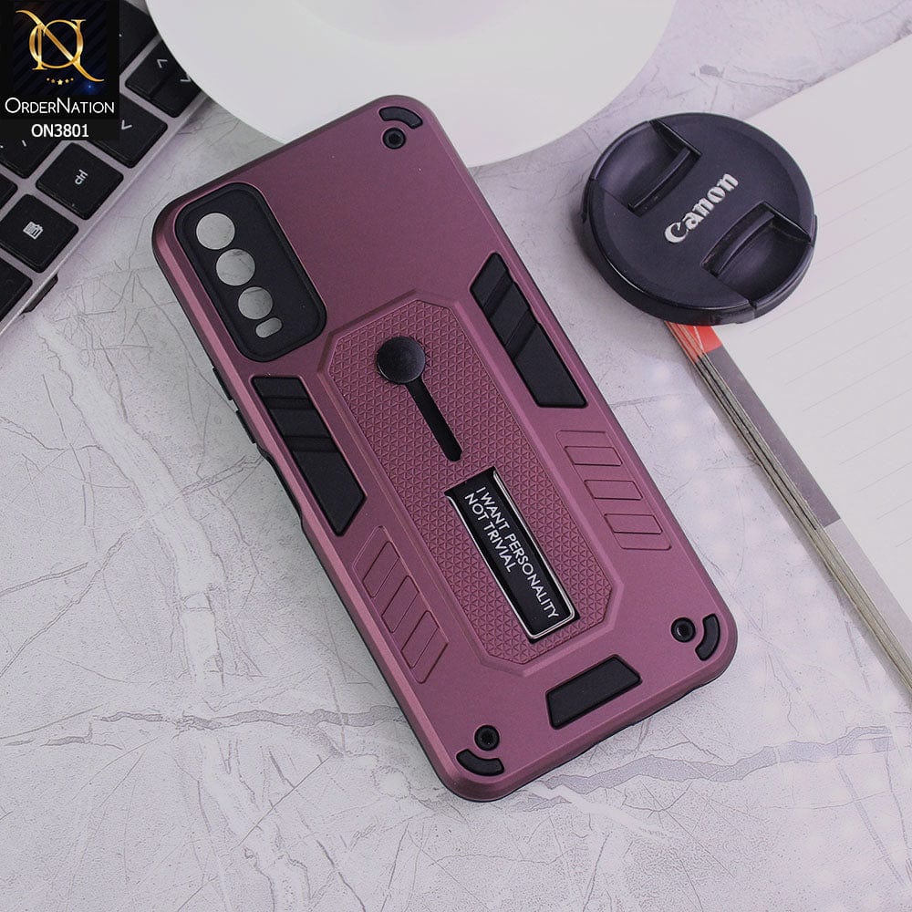 Vivo Y11s Cover - Burgundy - Hybrid Stylish Slide Finger Grip With Metal Kickstand Soft Borders Case