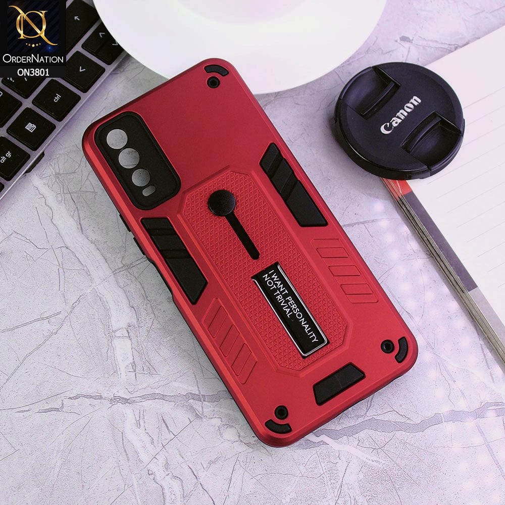 Vivo Y20 Cover - Red - Hybrid Stylish Slide Finger Grip With Metal Kickstand Soft Borders Case