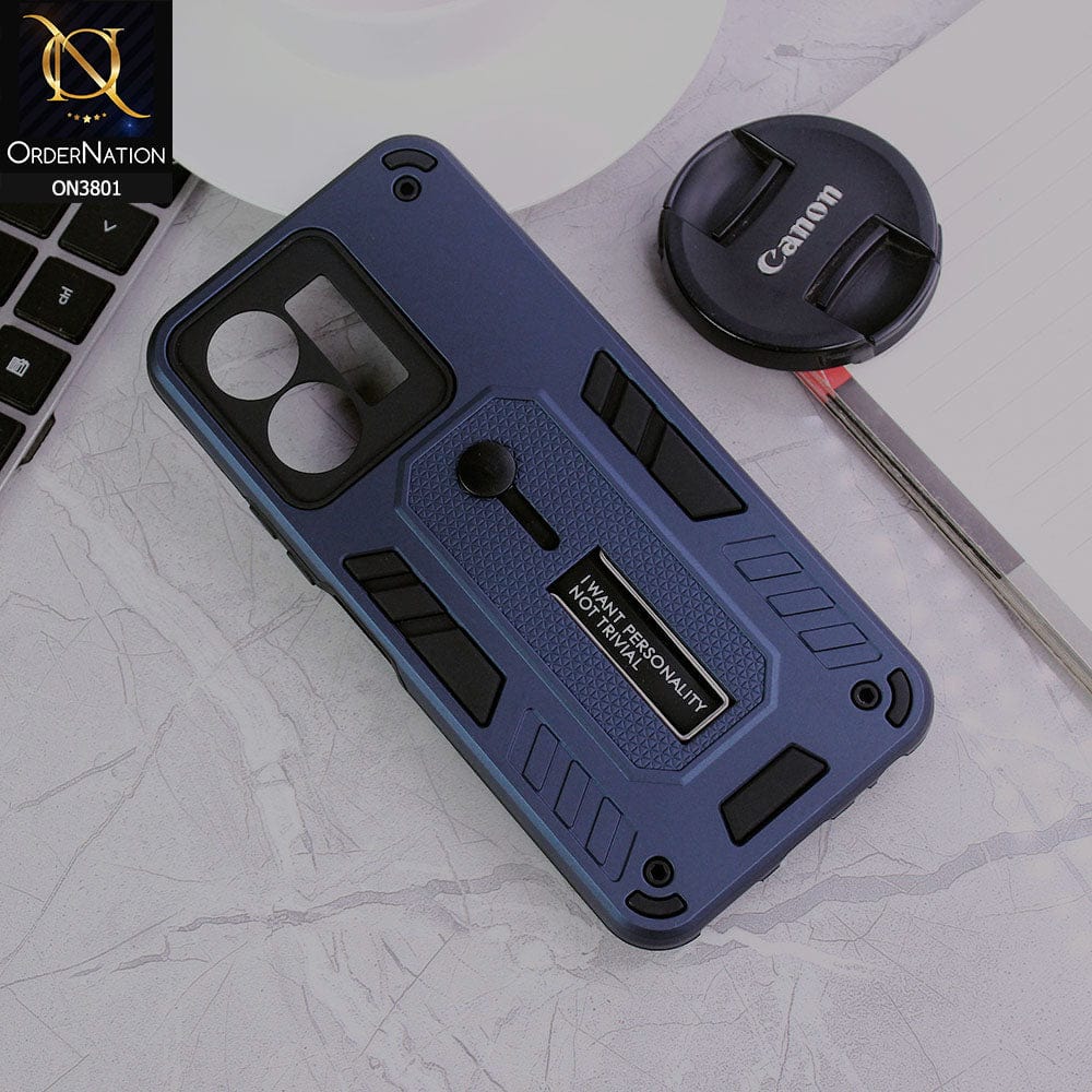 Vivo Y35 Cover - Midnight Blue - Hybrid Stylish Slide Finger Grip With Metal Kickstand Soft Borders Case