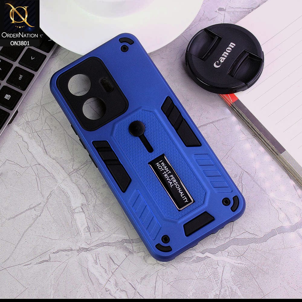 Vivo Y55 4G Cover - Blue - Hybrid Stylish Slide Finger Grip With Metal Kickstand Soft Borders Case