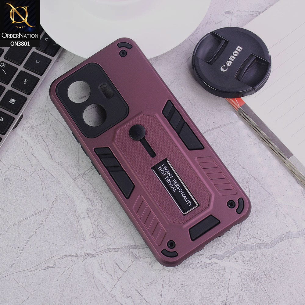 Vivo Y55 4G Cover - Burgundy - Hybrid Stylish Slide Finger Grip With Metal Kickstand Soft Borders Case