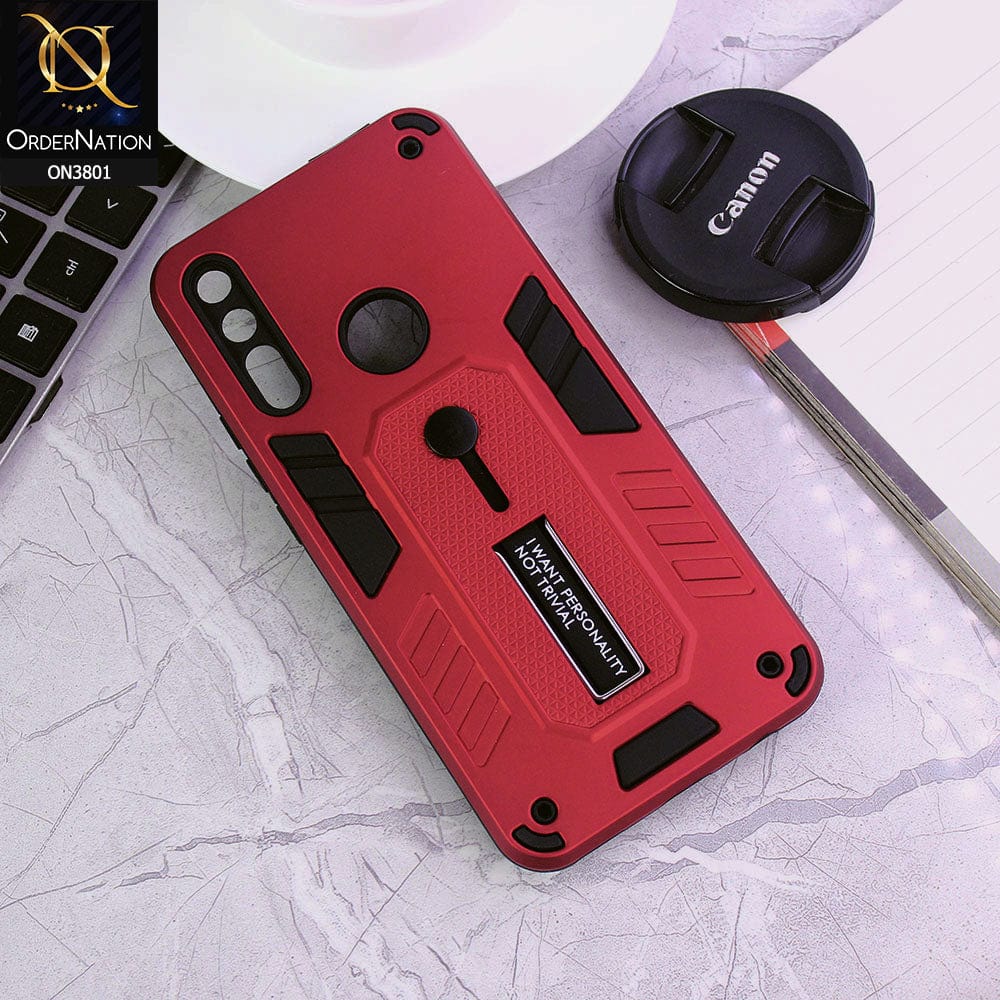 Huawei Y9 Prime 2019 Cover - Red - Hybrid Stylish Slide Finger Grip With Metal Kickstand Soft Borders Case