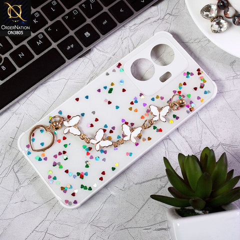 Vivo Y55 4G Cover - White - Shiny Glitter Candy Color Soft Border Camera Protection Case With Butterfly Chain Holder (Glitter Does not move)