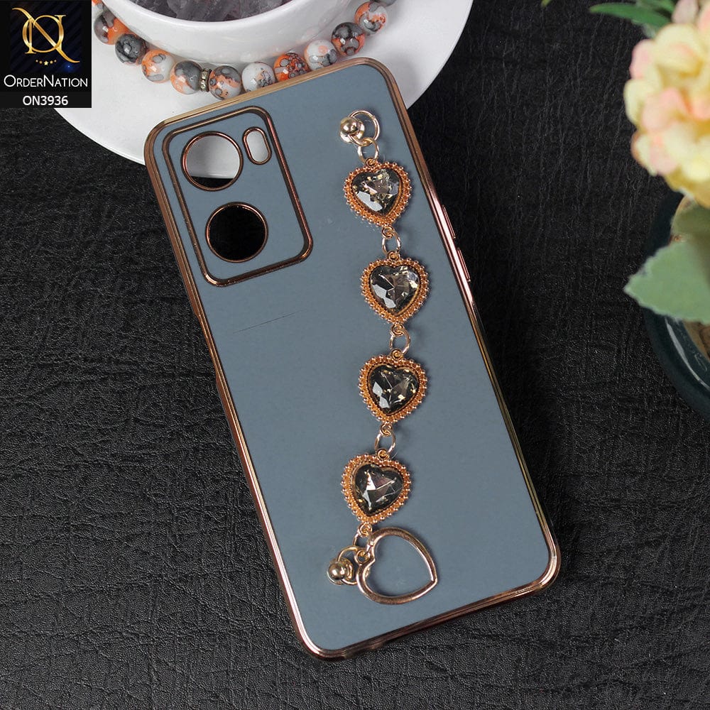 Oppo A57 4G 2022 Cover - Blue - New Electroplating Silk Shiny Camera Bumper Soft Case With Heart Chain Holder