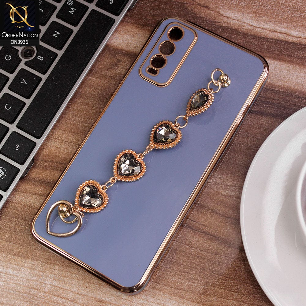 Vivo Y11s Cover - Blue - New Electroplating Silk Shiny Camera Bumper Soft Case With Heart Chain Holder