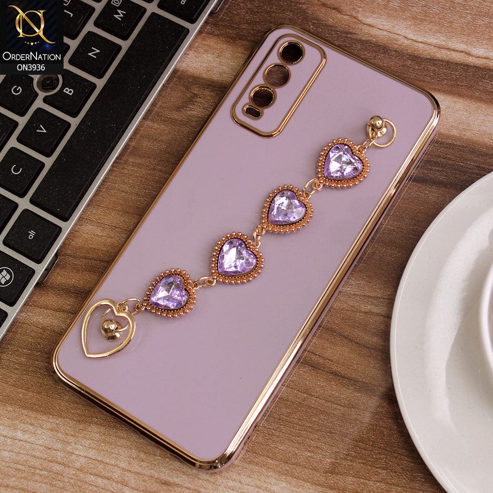 Vivo Y12a Cover - Purple - New Electroplating Silk Shiny Camera Bumper Soft Case With Heart Chain Holder