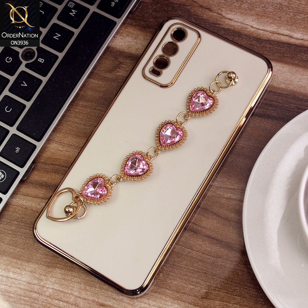 Vivo Y12a Cover - Skin - New Electroplating Silk Shiny Camera Bumper Soft Case With Heart Chain Holder