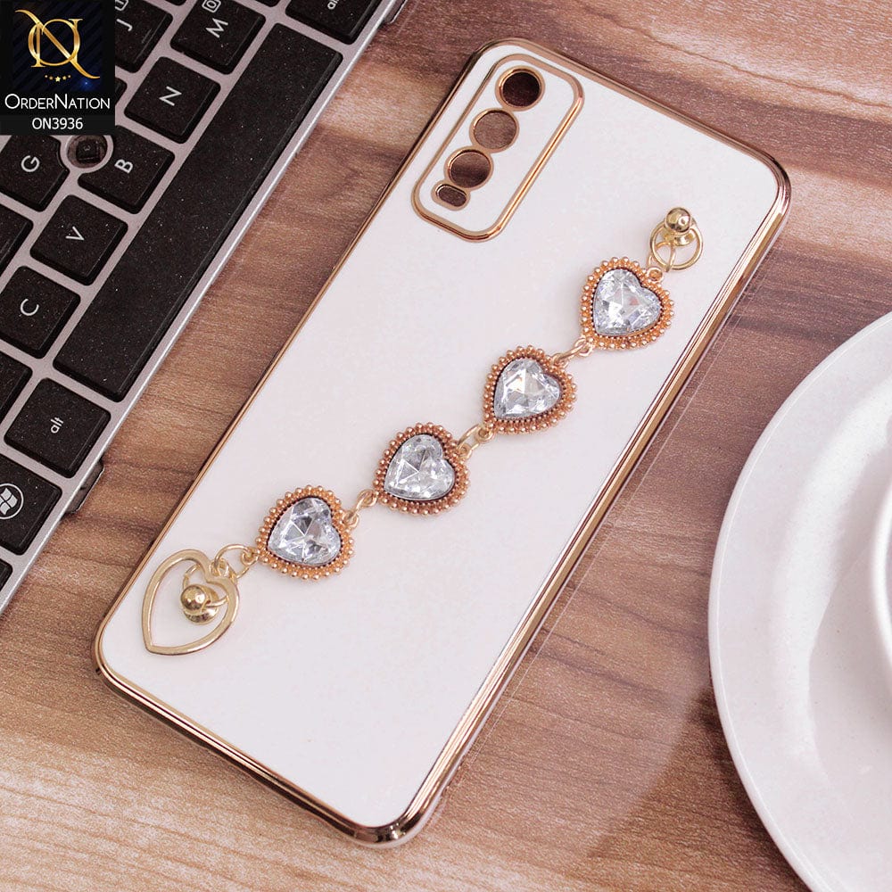 Vivo Y20 Cover - White - New Electroplating Silk Shiny Camera Bumper Soft Case With Heart Chain Holder