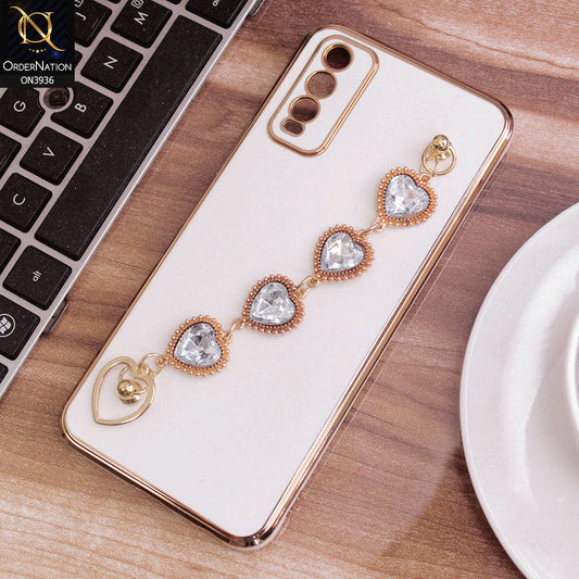 Vivo Y11s Cover - White - New Electroplating Silk Shiny Camera Bumper Soft Case With Heart Chain Holder