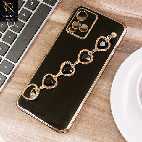 vivo Y33t Cover - Black - New Electroplating Silk Shiny Camera Bumper Soft Case With Heart Chain Holder