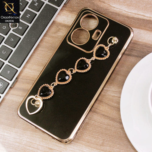 Vivo S15e Cover - Black - New Electroplating Silk Shiny Camera Bumper Soft Case With Heart Chain Holder