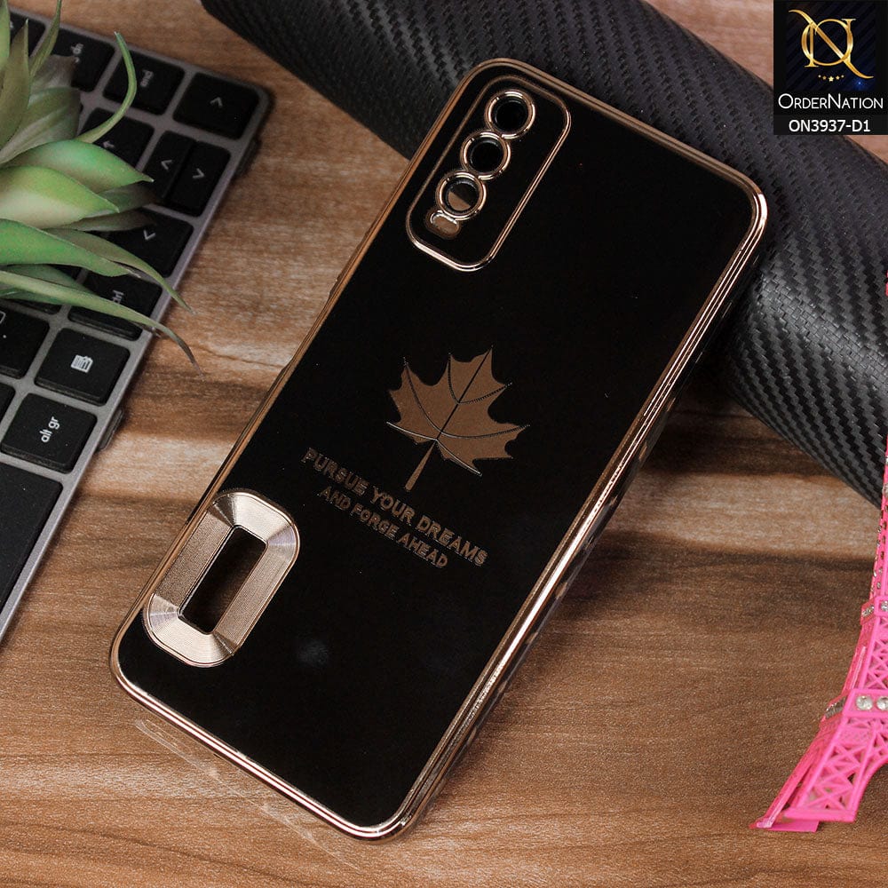 Vivo Y12s Cover - Design 1 - New Electroplating Borders Maple Leaf Chrome logo Hole Camera Protective Soft Silicone Case