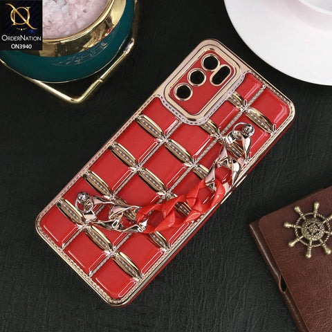 Oppo A54s Cover - Red - 3D Electroplating Square Grid Design Soft TPU Case With Chain Holder