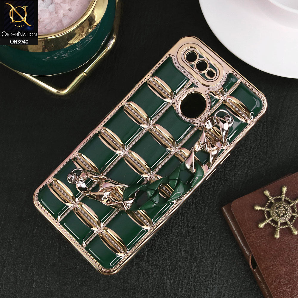 Oppo A5s 4G Cover - Dark Green - 3D Electroplating Square Grid Design Soft TPU Case With Chain Holder