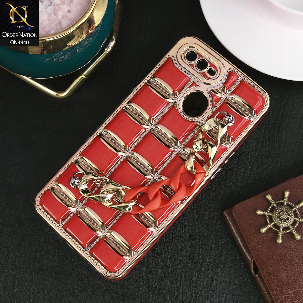 Oppo A5s 4G Cover - Red - 3D Electroplating Square Grid Design Soft TPU Case With Chain Holder