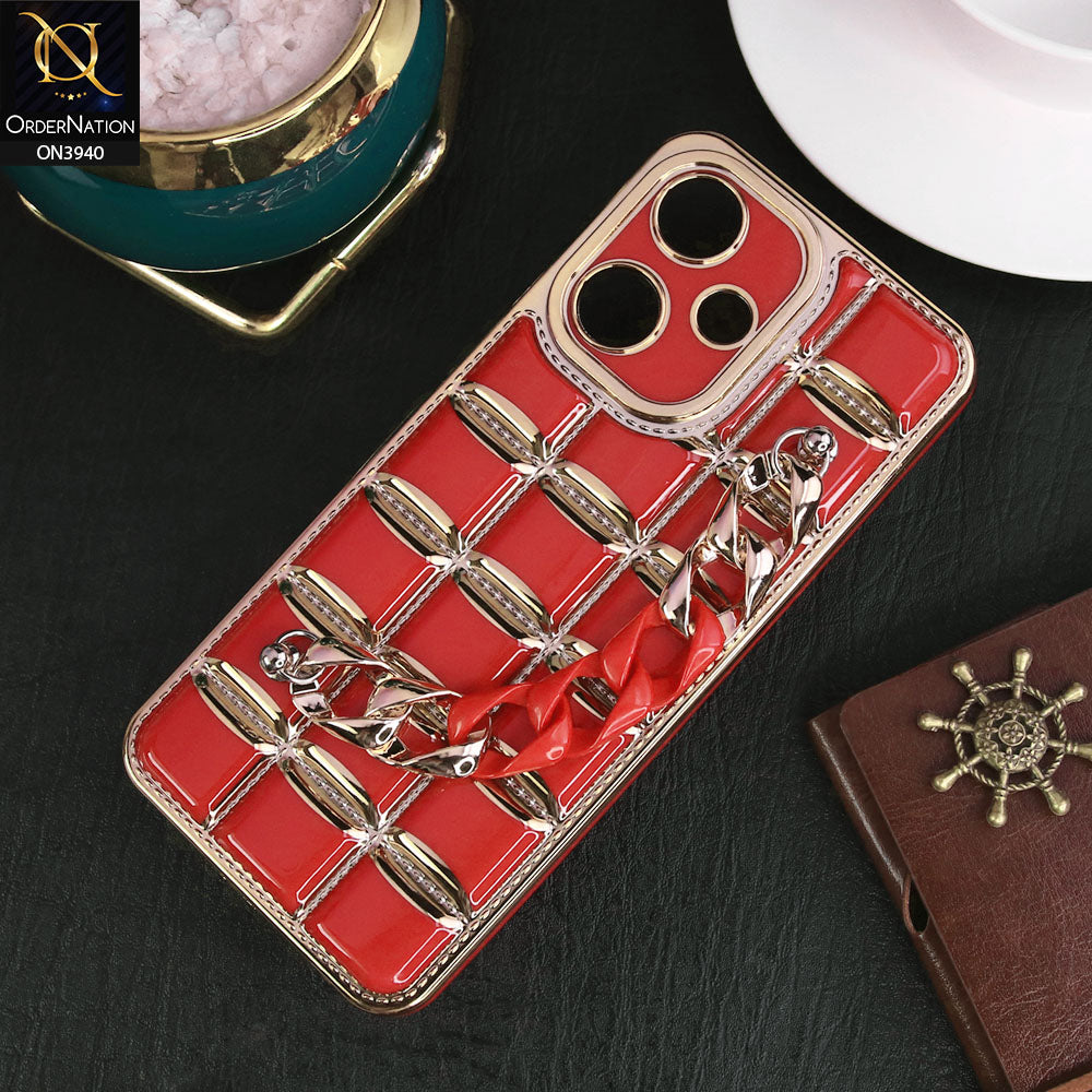 Infinix Hot 30 Play Cover - Red - 3D Electroplating Square Grid Design Soft TPU Case With Chain Holder