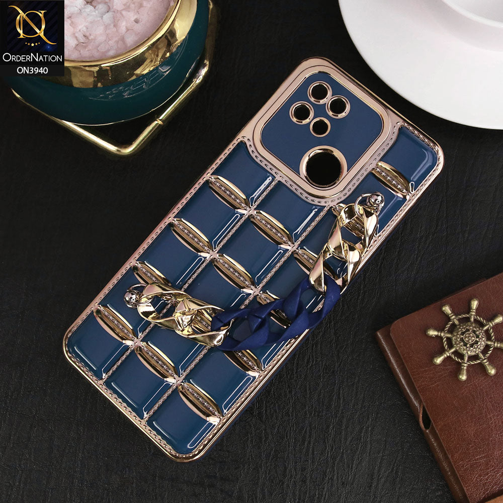 Xiaomi Redmi 10C Cover - Blue - 3D Electroplating Square Grid Design Soft TPU Case With Chain Holder