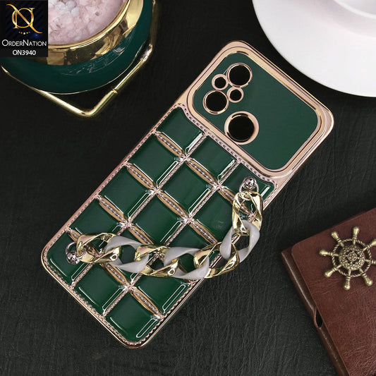 Xiaomi Redmi 12C Cover - Dark Green - 3D Electroplating Square Grid Design Soft TPU Case With Chain Holder