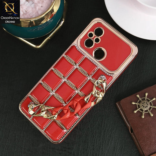 Xiaomi Redmi 12C Cover - Red - 3D Electroplating Square Grid Design Soft TPU Case With Chain Holder