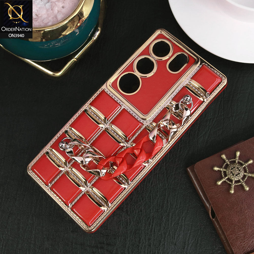 Vivo V29 Cover - Red - 3D Electroplating Square Grid Design Soft TPU Case With Chain Holder