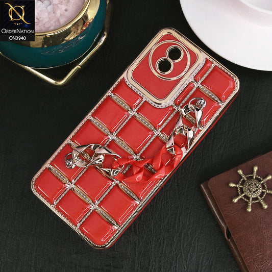 Vivo Y02t Cover - Red - 3D Electroplating Square Grid Design Soft TPU Case With Chain Holder