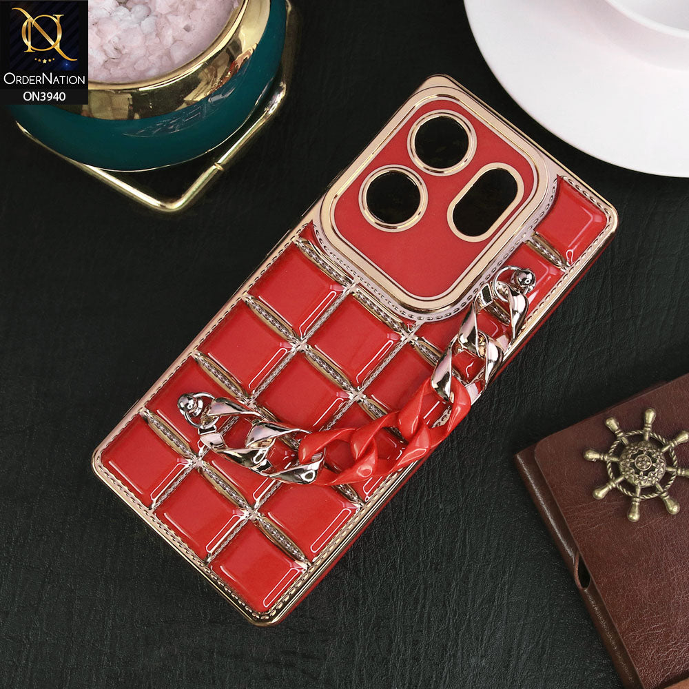 Infinix Zero 30 Cover - Red - 3D Electroplating Square Grid Design Soft TPU Case With Chain Holder