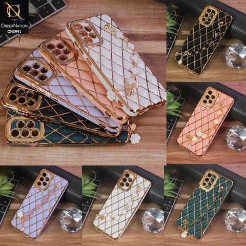 Vivo Y22s Cover - Green -  Soft TPU Shiny Electroplated Golden Lines Camera Protection Case With Flower Chain Holder