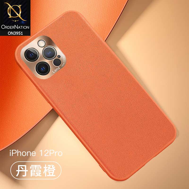 iPhone 12 Pro Cover - Orange - ONation Classy Leather Series - Minimalistic Classic Textured Pu Leather With Attractive Metallic Camera Protection Soft Borders Case