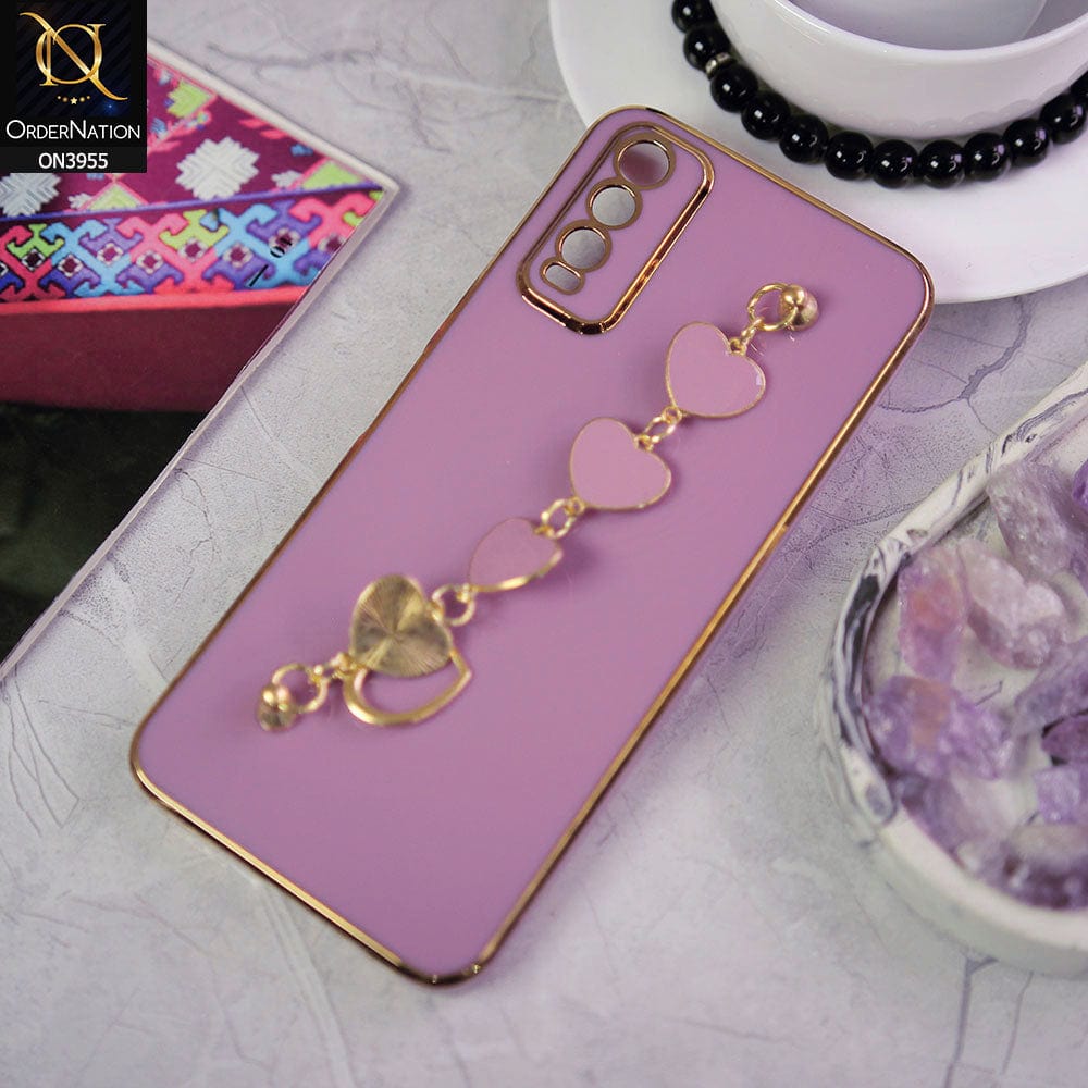 Vivo Y20 Cover - Purple - New Electroplated Soft Silicone Camera Protection Case With Heart Chain Holder