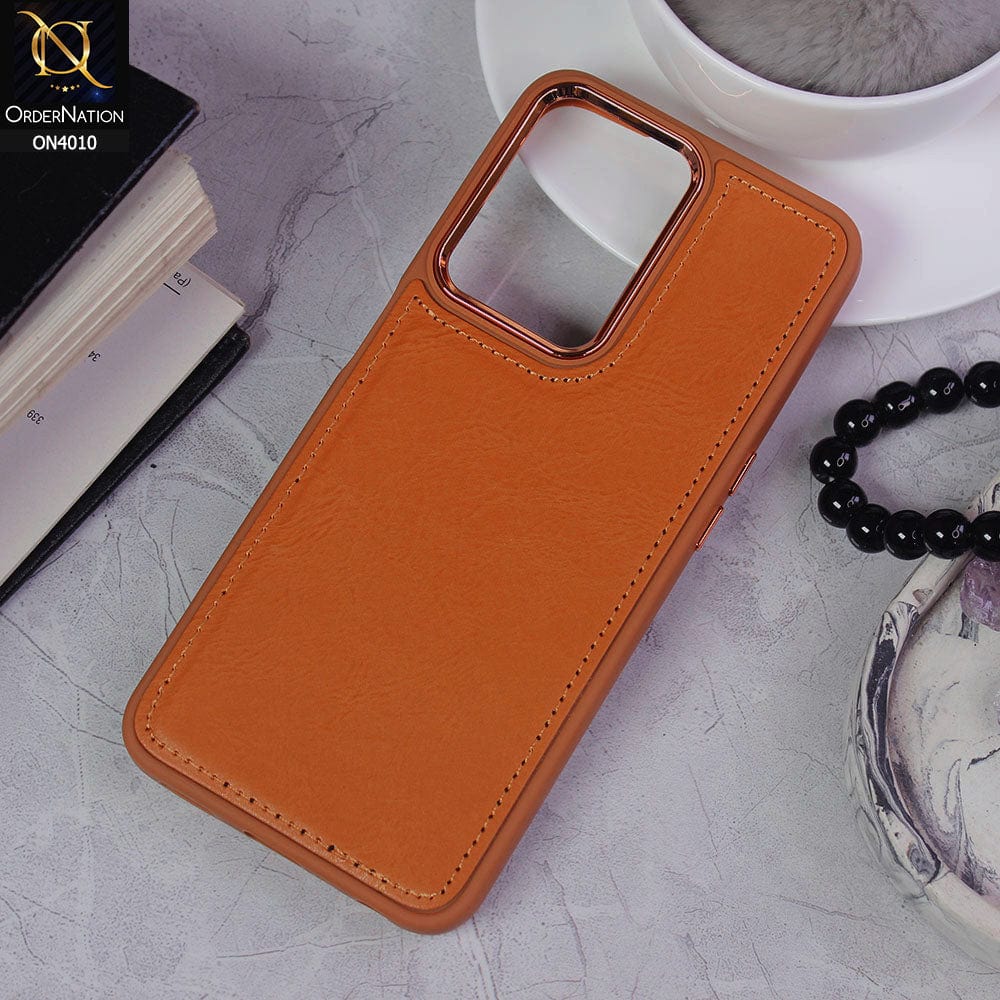 Oppo A57 4G 2022 Cover - Mustard - New Electroplated Camera Ring Leather Texture Soft Silicone Case