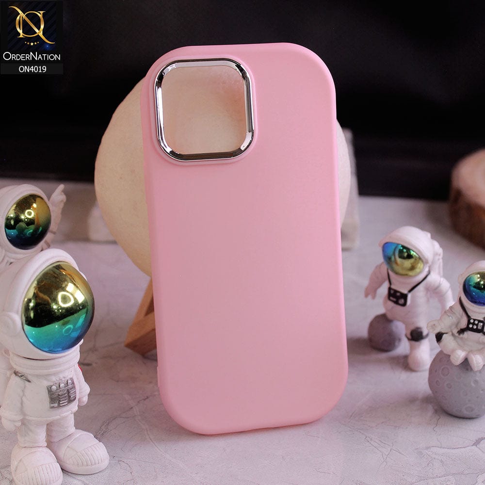 iPhone 13 Pro Max Cover - Pink - Soft Silicone case with a bright metallic bezel around the camera