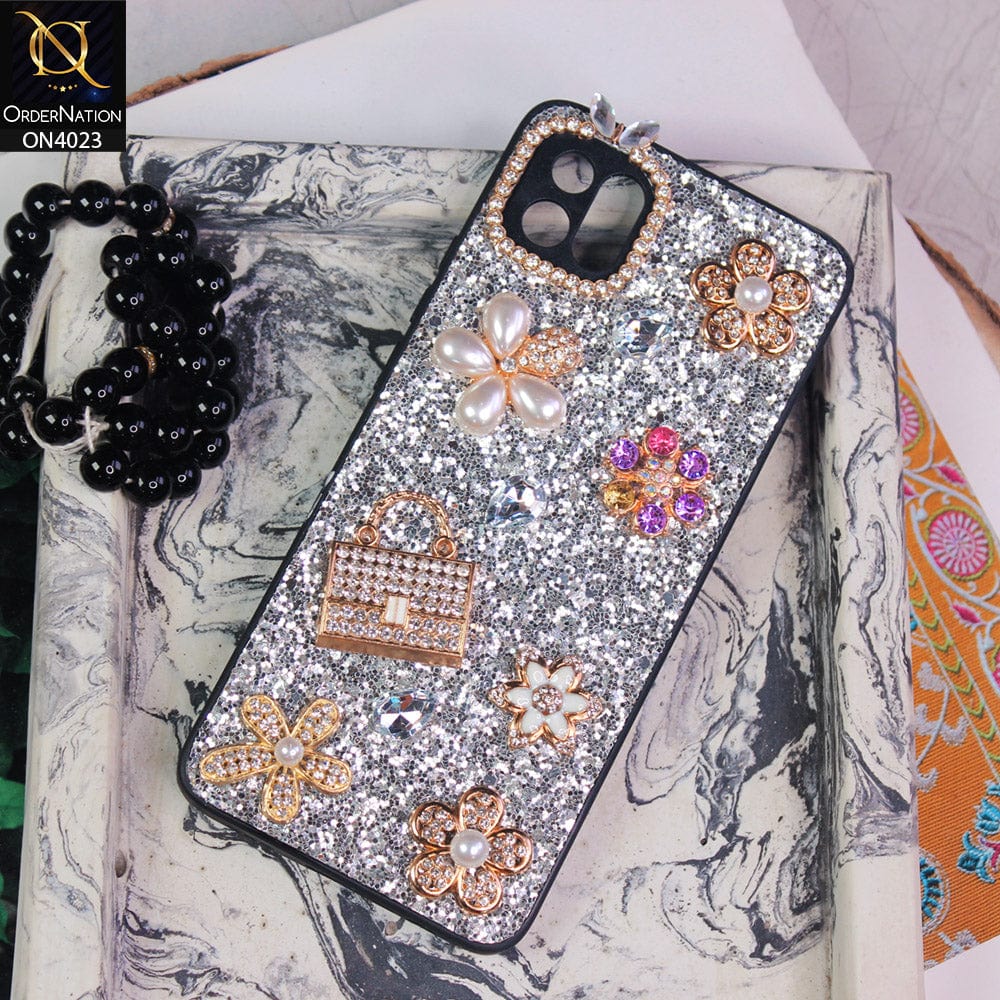 Oppo A16e Cover - Silver - New Bling Bling Sparkle 3D Flowers Shiny Glitter Texture Protective Case