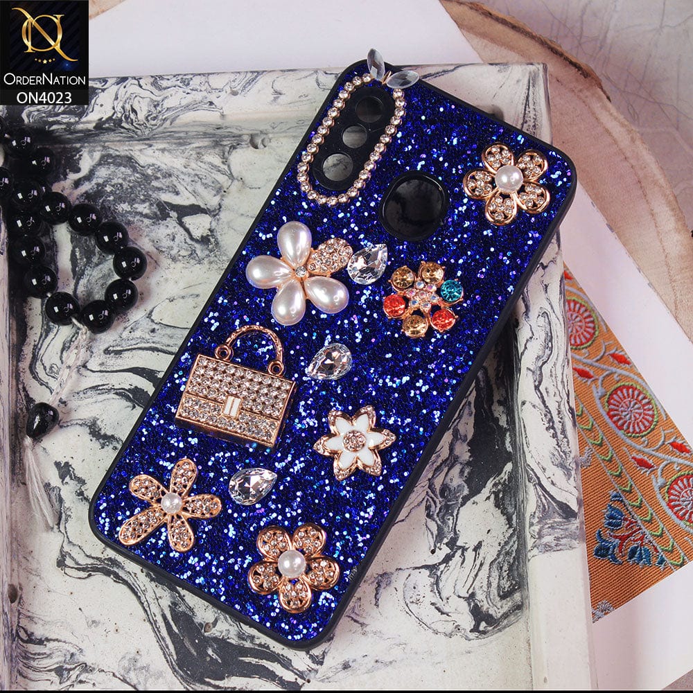 Samsung Galaxy A20 Cover - Blue - New Bling Bling Sparkle 3D Flowers Shiny Glitter Texture Protective Case