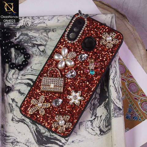 Samsung Galaxy A20 Cover - Red - New Bling Bling Sparkle 3D Flowers Shiny Glitter Texture Protective Case